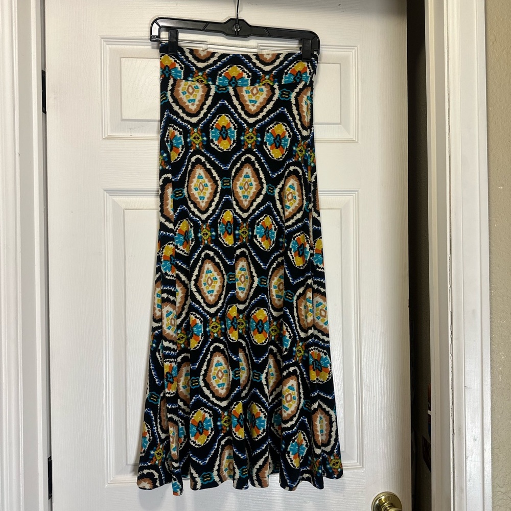 Veronica M A-Line Skirt with Geometric Print in Black, Blue, and Tan